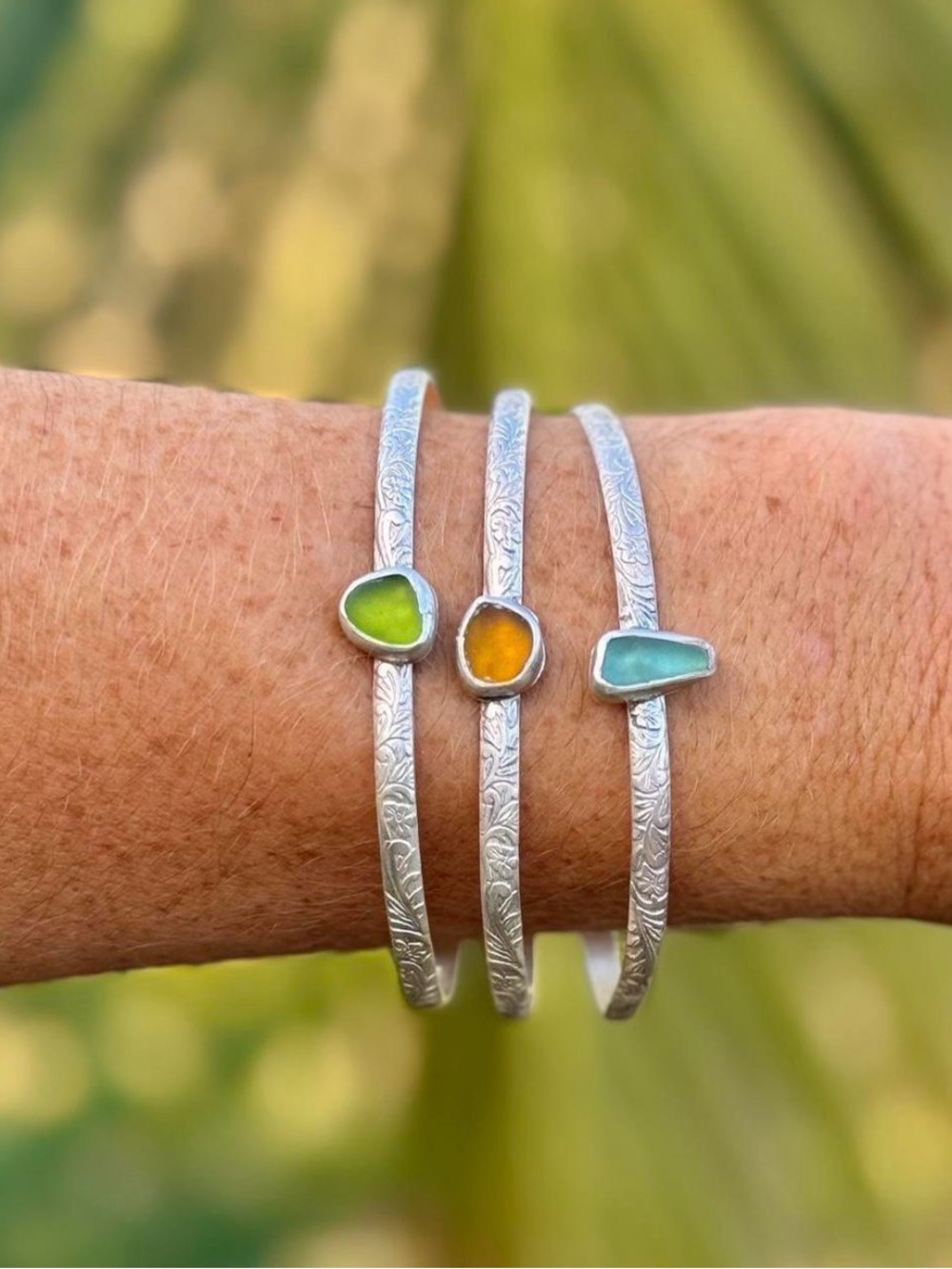 Hand Crafted Sterling silver 925 995 floral Bracelet honey brown sea glass - Picture 4 of 7
